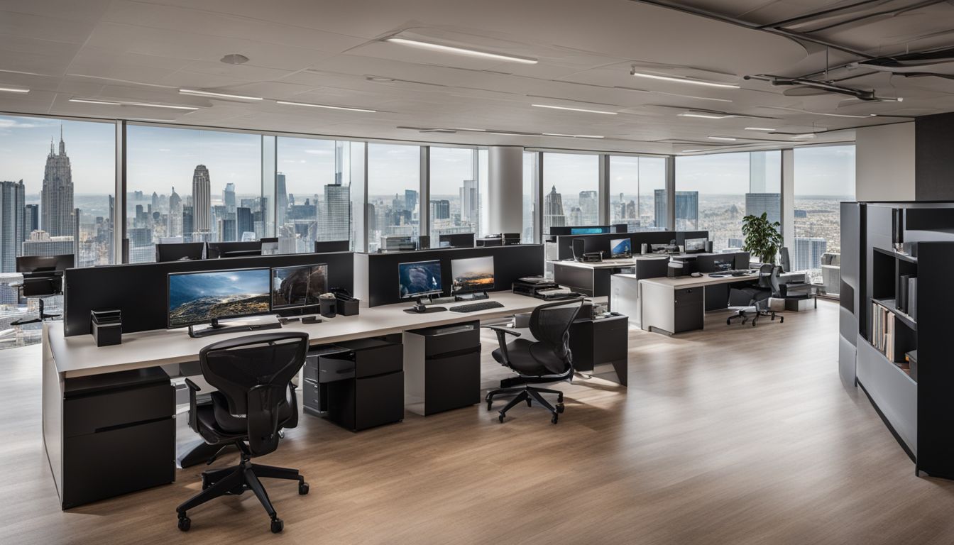 A modern office space with computer desks and cityscape photography.