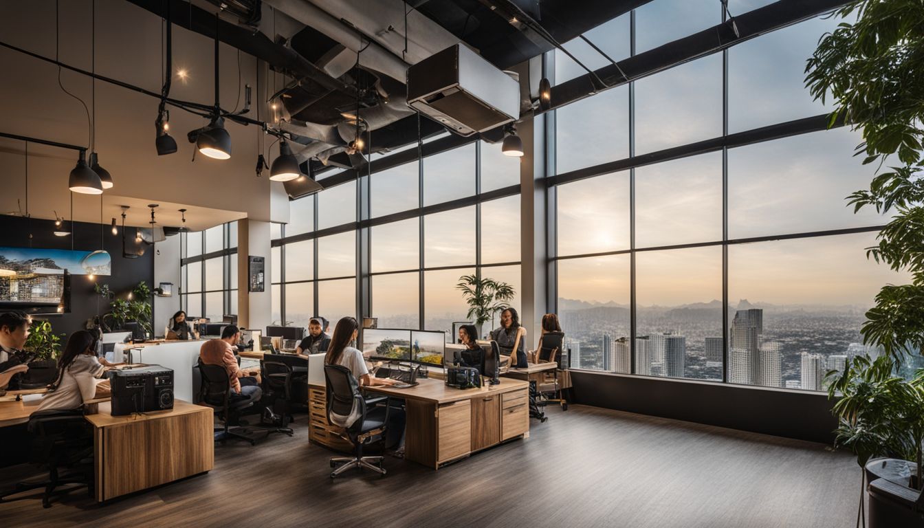 A modern co-working space amidst Cebu's skyline with diverse individuals.