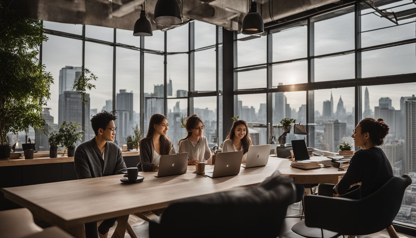 A group of freelancers collaborating in a modern co-working space.